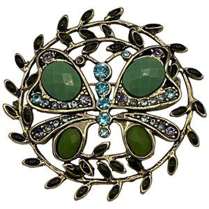Vtg Monet Multi Colored Rhinestones & Green Faceted Cabochons Butterfly Brooch